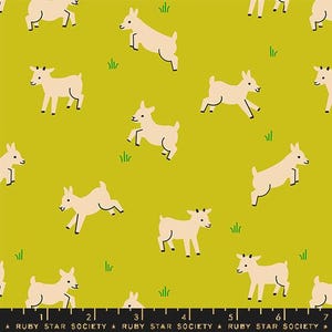 May include: A seamless pattern featuring a repeating design of white goats on a yellow background. The goats are drawn in a simple, minimalist style with black outlines.