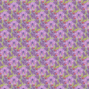 May include: A seamless pattern featuring a repeating design of purple flowers, green leaves, and pink butterflies. The background is a light purple color.