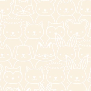 May include: A seamless pattern featuring white outlines of various animals on a light beige background. The animals include a cat, dog, rabbit, fox, raccoon, hedgehog, and bear.