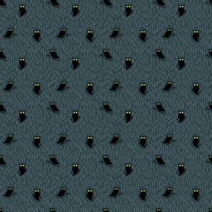 May include: A seamless pattern featuring black owls with yellow eyes on a dark blue background. The owls are arranged in a repeating pattern, creating a whimsical and spooky design.