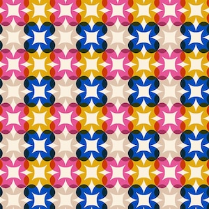 May include: A seamless pattern featuring overlapping circles in shades of blue, yellow, pink, and white. The circles are arranged in a repeating pattern to create a geometric design.