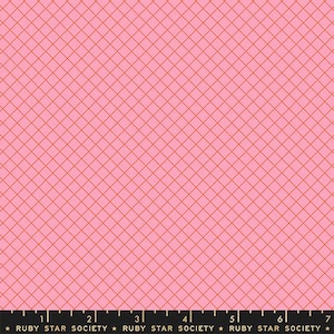 May include: Pink fabric with a grid pattern in a reddish-orange color. The fabric has a repeating diamond pattern. The bottom of the image has the text "RUBY STAR SOCIETY".