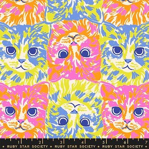 May include: A repeating fabric pattern featuring stylized cat faces in vibrant shades of neon pink, bright orange, electric blue, and lime green. The design includes a black selvage edge at the bottom with the repeating white text Ruby Star Society.