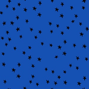 May include: A seamless pattern of black stars on a bright blue background.