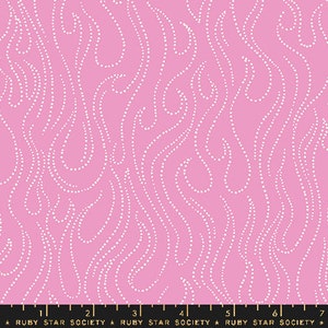May include: Pink fabric with a white dotted pattern of wavy lines. The fabric is from Ruby Star Society.