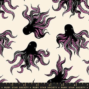 May include: Cream-colored fabric featuring a repeating pattern of black octopuses with pink tentacle details. The tentacles have pink polka dots. The text "RUBY STAR SOCIETY" is at the bottom.