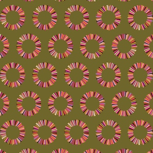 May include: A seamless pattern featuring a repeating design of colorful circles on a muted olive green background. The circles are made up of thin, concentric rings in shades of pink, orange, yellow, and brown.