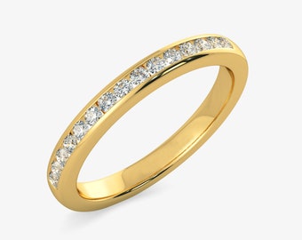Round Diamond Half Eternity Band, 18K Solid Gold Wedding Band, Stackable Diamond Ring, Anniversary Gift for Her