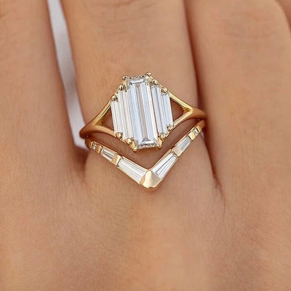 Baguette Cut Moissanite Unique Engagement Ring Art Deco Wedding Ring  14k or 18k White Gold or Yellow Gold