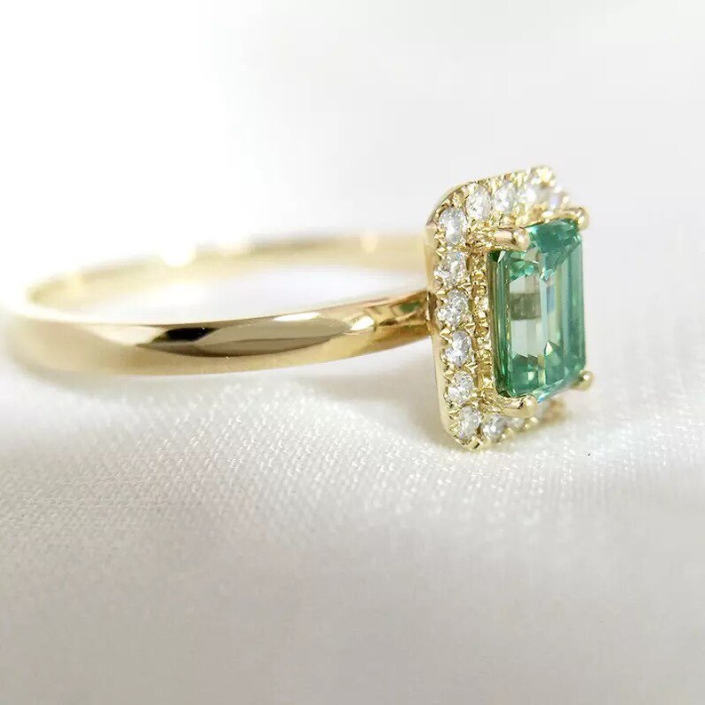 Emerald-cut Light Green Moissanite Halo Engagement Ring - Etsy