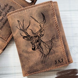 Cartera de ciervo, billetera de cuero de grano completo, billetera de hombre personalizada con bloqueo RFID, monograma, regalo de aniversario y San Valentín