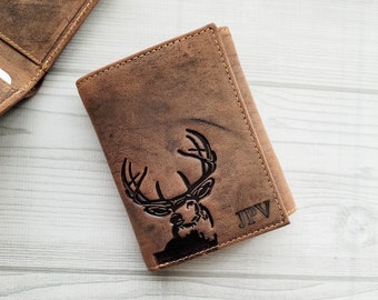 Deer Wallet, Full Grain Leather Trifold, RFID Blocking, Personalized Men's Wallet, Monogram, Anniversary & Valentine Gift