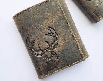 Personalized Deer Trifold Leather Wallet For Men - Hunting Gift for Men - Deer Hunter Forest Green Wallet  - Custom Men's Leather Wallet