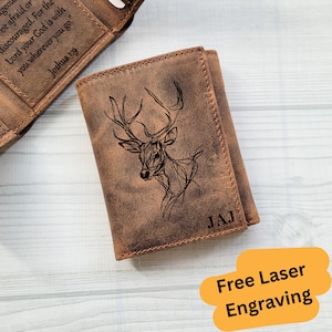 Cartera de ciervo, billetera de cuero de grano completo, billetera de hombre personalizada con bloqueo RFID, monograma, regalo de aniversario y San Valentín