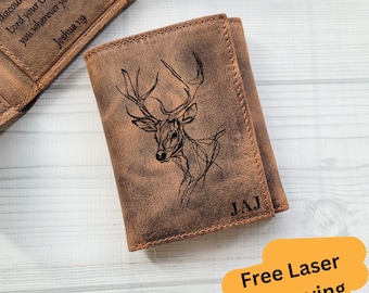 Deer Wallet, Full Grain Leather Trifold, RFID Blocking, Personalized Men's Wallet, Monogram, Anniversary & Valentine Gift