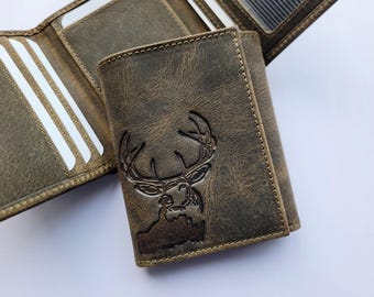 Personalized Deer Trifold Leather Wallet For Men - Hunting Gift for Men - Deer Hunter Forest Green Wallet  - Custom Men's Leather Wallet