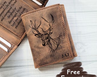 Deer Wallet, Full Grain Leather Trifold, RFID Blocking, Personalized Men's Wallet, Monogram, Anniversary & Valentine Gift
