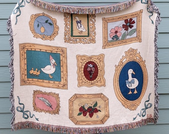 Coperta con anatra portafortuna / coperta in arazzo con anatra in stile vintage, oca, fragola, limone