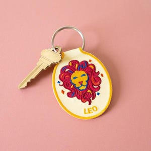 Leo Zodiac embroidered keychain | Car key accessory embroidery gift ideas, star sign, lion, July birthday, August birthday, personalized