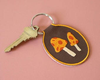 Mushroom Embroidered Keychain | Car key accessory embroidery gift ideas, yellow, red, brown, fall, autumn, cute