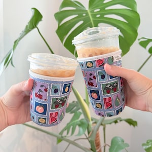 Slim Pickins Drink Sleeve | Iced or hot Coffee Coozie, to-go beverage 16-18 oz and 20-22oz, cup accessory, vintage art, fruit stamp, music
