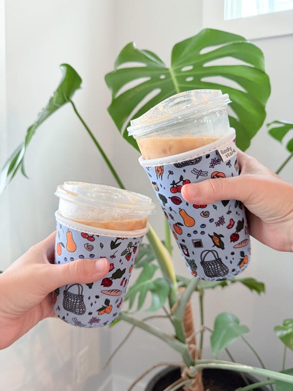 Farmers Market Drink Sleeve | Iced or hot Coffee Cozie, to-go beverage 16-18 oz and 20-22oz, cup accessory, coffee lover, baguette, produce