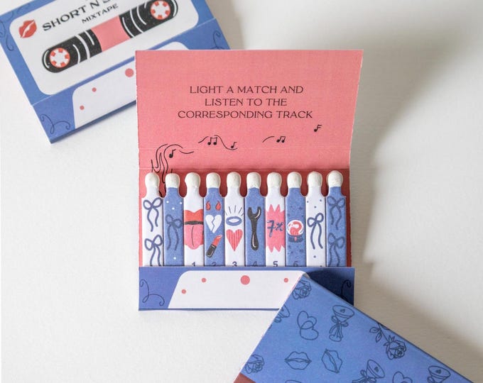 Short and Sweet Mixtape Matchbook | 20 stem printed matches, biodegradable, music fan gift
