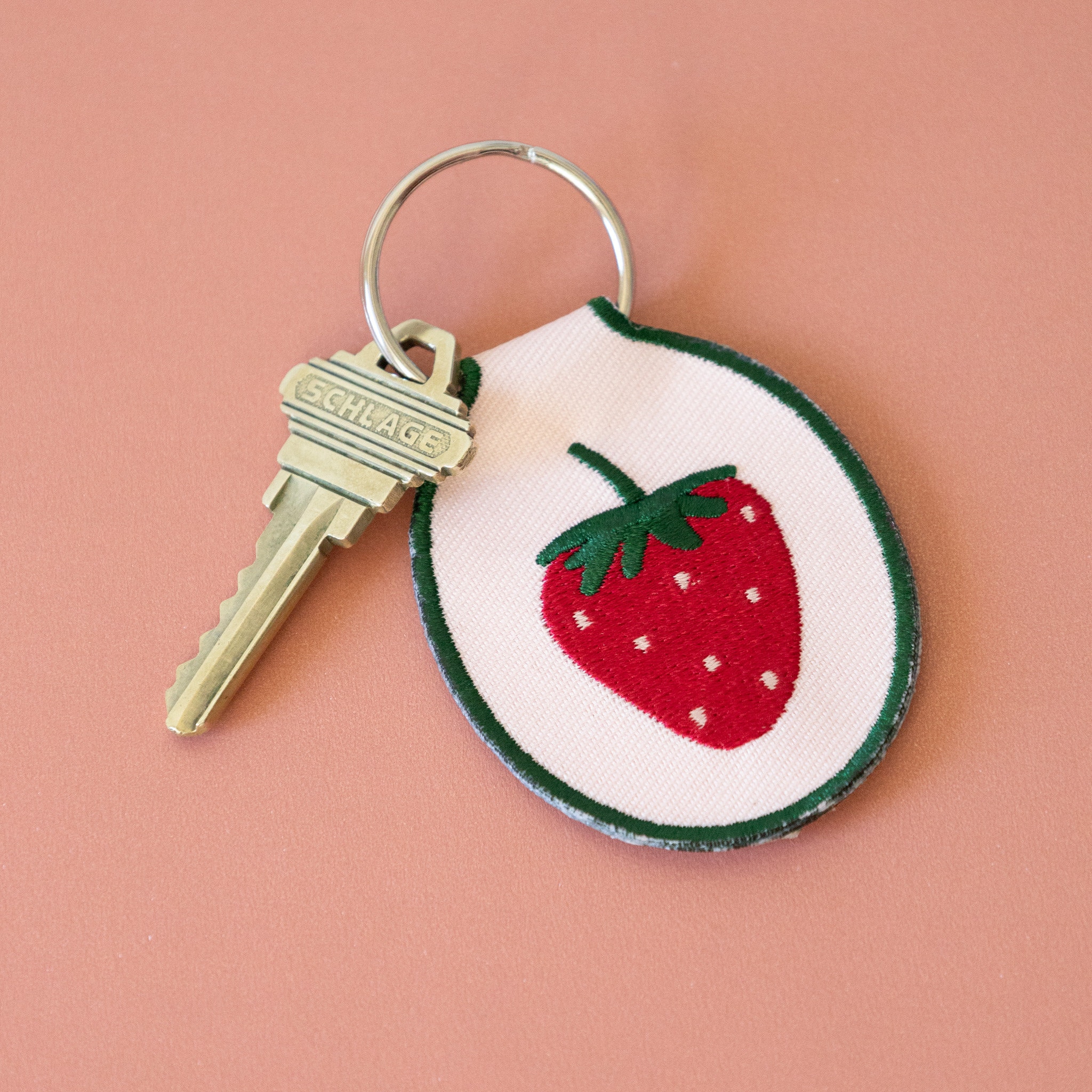 Strawberry Embroidered Keychain | Car key accessory embroidery gift ideas, fruit, pink, green
