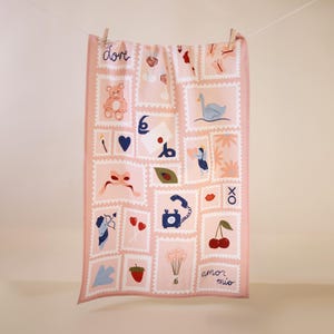 Paño de cocina con letras de amor / Paño de cocina 100 % algodón crepé, 45 x 65 cm, 18 x 25,5 pulgadas, paño de cocina, regalo para anfitriona, sellos vintage, San Valentín, día de San Valentín