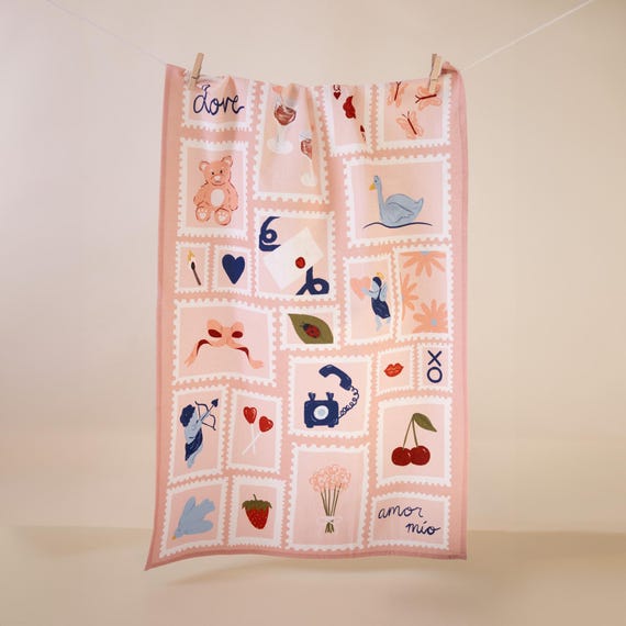 Love Letter Tea Towel | 100% cotton crepe dish towel, 45x65 cm, 18x25.5 in, kitchen cloth, hostess gift, vintage stamps, valentines, v day