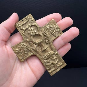 Vintage Bronze Wall Cross: German Eucharist Chalice, First Communion Gift