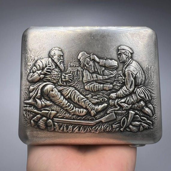 1952 Vintage Cigarette Case Tobacco Box Engraved Silver Plated Hunters  Marked