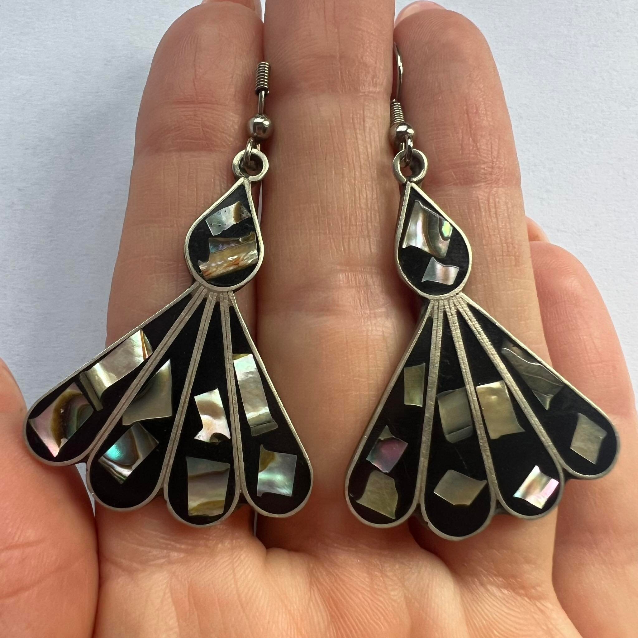 Boucles D'Oreilles Clips Vintage - Argent Massif Et Nacre - Style Mexico - Occasion (Parfait état)