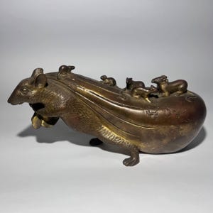 Vintage Bronze Mouse Family Sculpture: Feng Shui Year of the Rat Decor