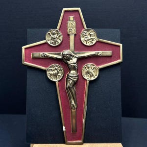 Vintage Bronze Crucifix Cross | West Germany Catholic Wall Decor | Jesus INRI Evangelist Medallions | Mid Century Christian Gift 18cm