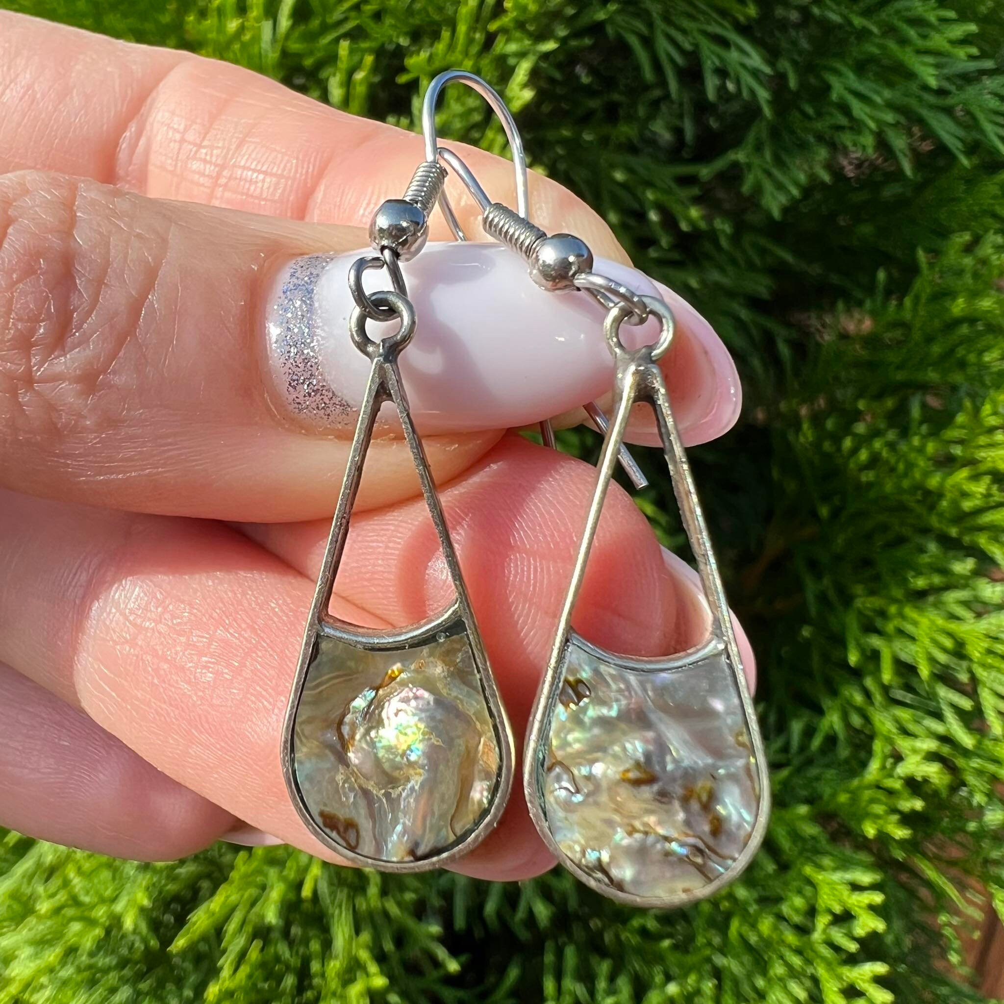 Boucles D'oreilles Anciennes En Nacre De Coquillage Sur Argent Massif 925 - Puces à Clips, Bon état