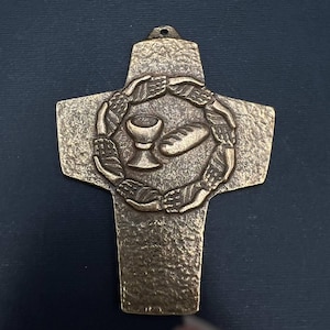 Vintage Bronze Wall Cross: Eucharist Chalice, German Christian Decor