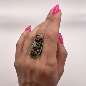 Massive Antique Ethnic Bedouin Yemen Silver Coral Green Turquoise Handmade Ring