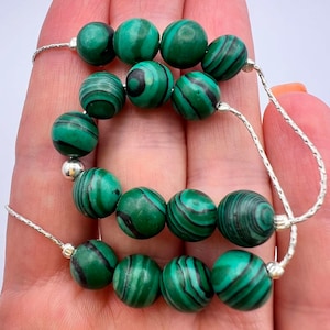 Vintage Sterling Silver 925 Women&#39;s Jewelry Necklace Beaded Natural Malachite 12 gr