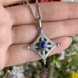 Vintage Sterling Silver 925 Women&#39;s Jewelry Chain Necklace Pendant Lapis Lazuli Signed