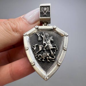Massive Orthodox Silver Shield Pendant | St George the Victorious | Lord’s Prayer on Back | 925 Sterling | Ukraine | Christian Gift | 32g