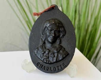 Vintage Cast Iron Charlotte Wall Plaque, Oval Portrait Relief Decor Gift