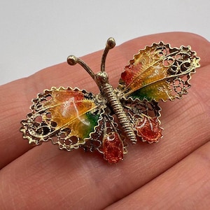 Antique Italian Filigree Butterfly Brooch: Gilt Silver 800 Enamel