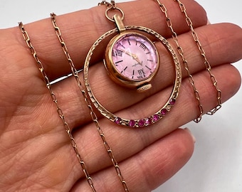 Rare Vintage Women&#39;s Jewelry Nairi Watch Pendant Rose Gold 583 14K Ruby Stone Working Marked 13g