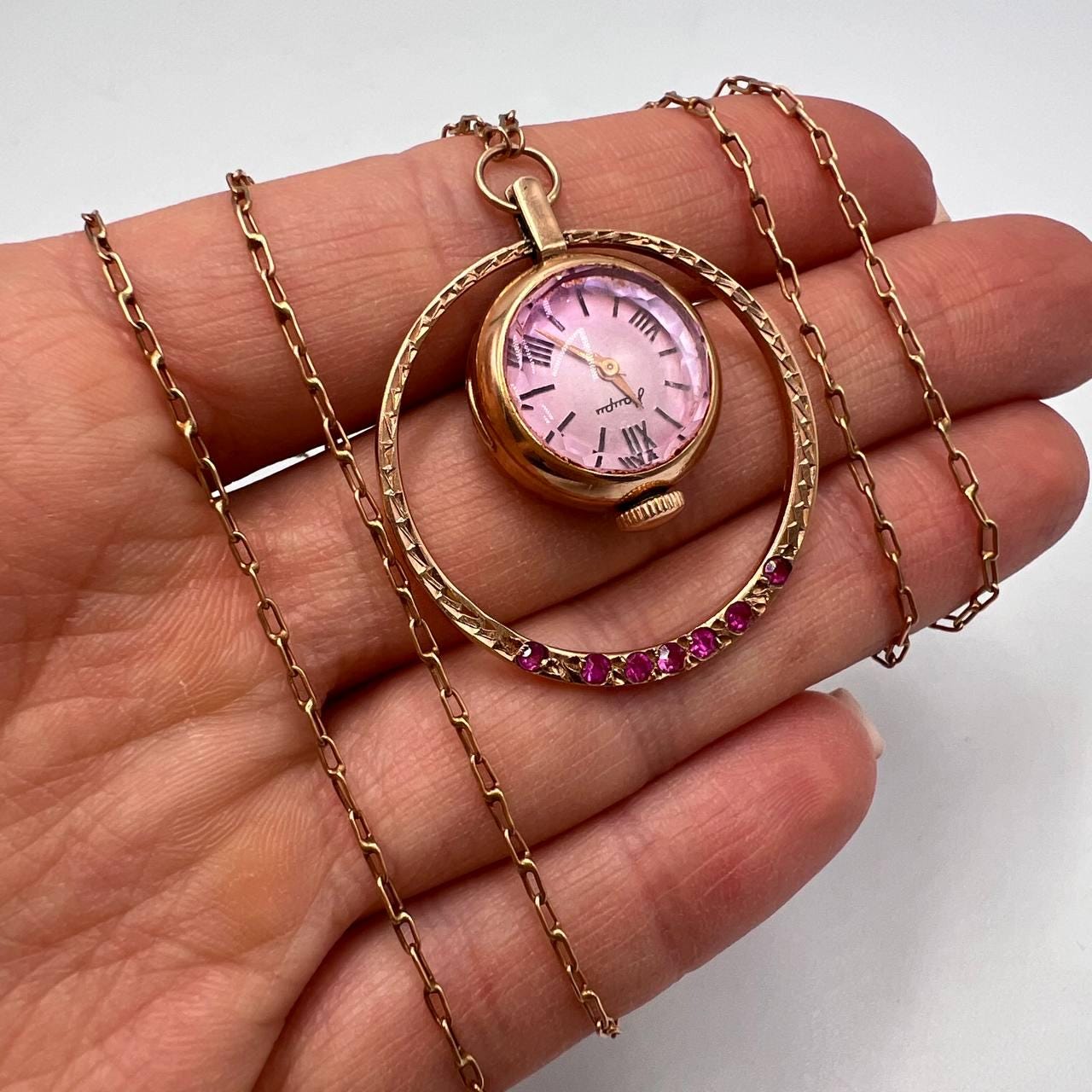 Rare Vintage Women's Jewelry Nairi Watch Pendant Rose Gold 583 14K Ruby Stone Working Marked 13g