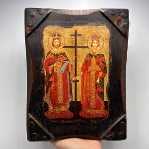 Vintage Greek Orthodox Icon – Saints Constantine and Helena – Handmade Wood Plaque – Byzantine Religious Art – Christian Wall Decor