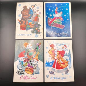Lotto 4 cartoline dell'artista Zarubin, 1980, regalo di buon anno, Natale, periodo 1970-1980