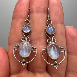 Vintage Moonstone Earrings/Sterling Silver 925 Earrings/Moonstone Drop Earrings/Marked Silver Earrings/Women's Silver Jewelry Signed