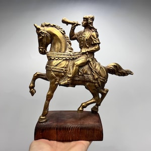 Vintage Brass Horseman Statue: Medieval Equestrian Decor on Wood Base