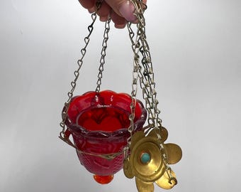 Vintage Red Glass Orthodox Lampada: Brass Hanging Icon Lamp, USSR 1980s